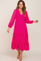 Fuchsia Smocked Tiered Maternity Dress