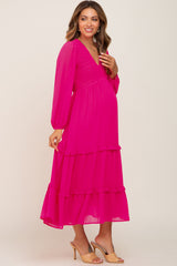 Fuchsia Smocked Tiered Maternity Dress