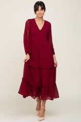 Burgundy Smocked Tiered Maternity Dress