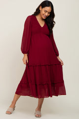 Burgundy Smocked Tiered Maternity Dress