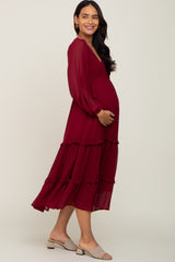 Burgundy Smocked Tiered Maternity Dress