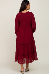 Burgundy Smocked Tiered Maternity Dress