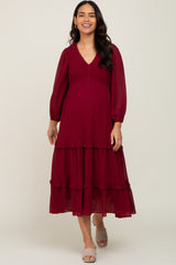 Burgundy Smocked Tiered Maternity Dress