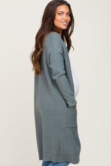 Olive Open Front Long Maternity Cardigan