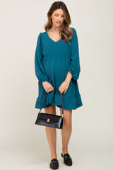 Teal Long Sleeve Gathered Tier Maternity Dress