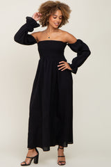 Black Smocked Square Neck Puff Sleeve Midi Dress