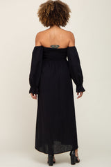 Black Smocked Square Neck Puff Sleeve Midi Dress