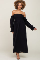 Black Smocked Square Neck Puff Sleeve Midi Dress