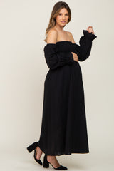 Black Smocked Square Neck Puff Sleeve Maternity Midi Dress