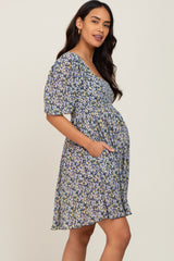 Black Floral Pleated Puff Sleeve Maternity Dress