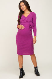 Magenta Textured Knit Wrap Tie Maternity Dress