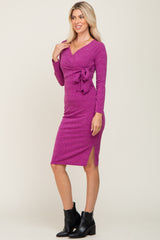 Magenta Textured Knit Wrap Tie Dress