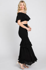 Black Linen Off Shoulder Top and Smocked Tiered Skirt Set