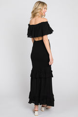 Black Linen Off Shoulder Top and Smocked Tiered Skirt Set