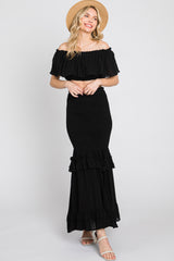 Black Linen Off Shoulder Top and Smocked Tiered Skirt Set