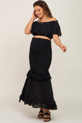 Black Linen Off Shoulder Top and Smocked Tiered Skirt Maternity Set