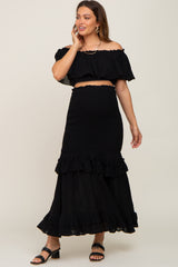 Black Linen Off Shoulder Top and Smocked Tiered Skirt Maternity Set