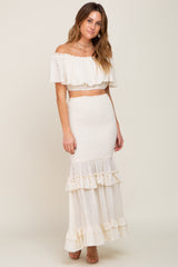 Cream Linen Off Shoulder Top and Smocked Tiered Skirt Set