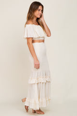 Cream Linen Off Shoulder Top and Smocked Tiered Skirt Set