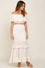 Cream Linen Off Shoulder Top and Smocked Tiered Skirt Set