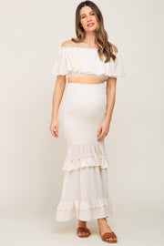 Cream Linen Off Shoulder Top and Smocked Tiered Skirt Maternity Set