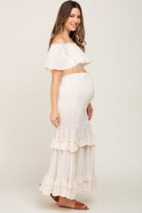 Cream Linen Off Shoulder Top and Smocked Tiered Skirt Maternity Set