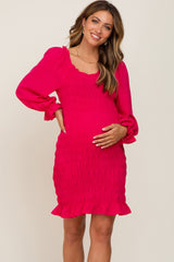 Fuchsia Smocked Ruffle Accent Maternity Fitted Dress