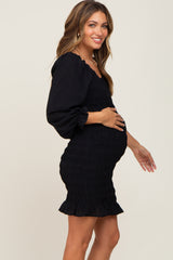 Black Smocked Ruffle Accent Maternity Fitted Dress