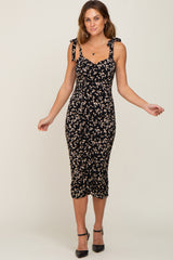 Black Printed Ruched Shoulder Tie Maternity Dress