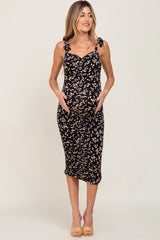 Black Printed Ruched Shoulder Tie Maternity Dress