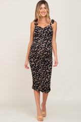 Black Printed Ruched Shoulder Tie Maternity Dress