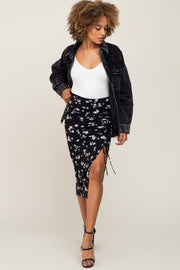 Black Floral Cinched Side Midi Skirt