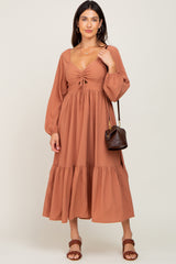 Camel Cinched Cutout Midi Dress