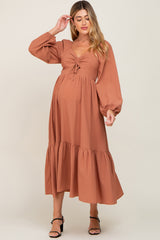 Camel Cinched Cutout Maternity Midi Dress