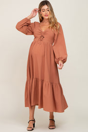 Camel Cinched Cutout Maternity Midi Dress