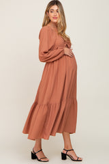 Camel Cinched Cutout Maternity Midi Dress