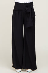 Black Smocked Front Tie Maternity Pants