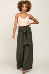 Olive Smocked Front Tie Pants