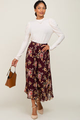 Burgundy Floral Chiffon Pleated Skirt