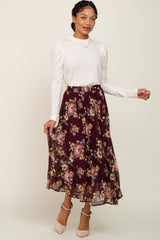 Burgundy Floral Chiffon Pleated Skirt