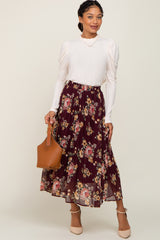 Burgundy Floral Chiffon Pleated Skirt