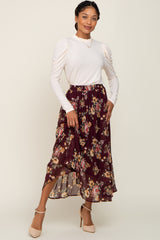 Burgundy Floral Chiffon Pleated Skirt