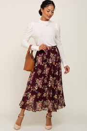 Burgundy Floral Chiffon Pleated Skirt