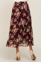 Burgundy Floral Chiffon Pleated Skirt