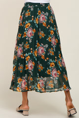 Forest Green Floral Chiffon Pleated Skirt