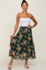 Forest Green Floral Chiffon Pleated Skirt