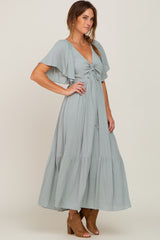 Light Blue Flutter Sleeve Cinched Maxi Dress