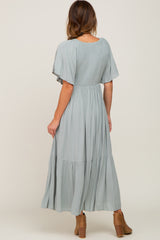 Light Blue Flutter Sleeve Cinched Maxi Dress