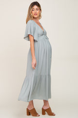 Light Blue Flutter Sleeve Cinched Maternity Maxi Dress