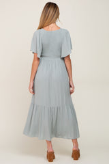 Light Blue Flutter Sleeve Cinched Maternity Maxi Dress